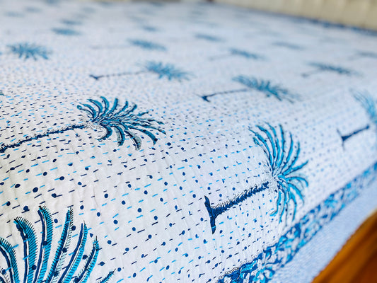 Blue Palms Kantha Bedspread