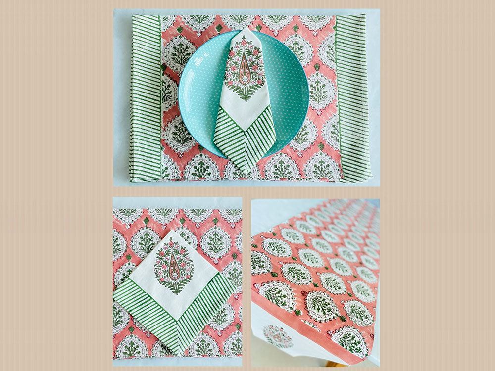 Brick Red Green Booti Table Linen Set