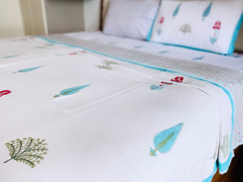 King Size Firozi Cypress Fitted Bedsheet with Matching Dohar Bedding Set