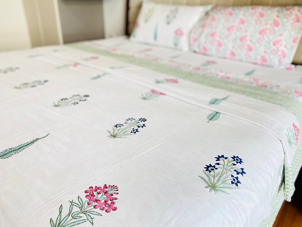 King Size Mughal Garden Fitted Bedsheet with Matching Dohar Bedding Set