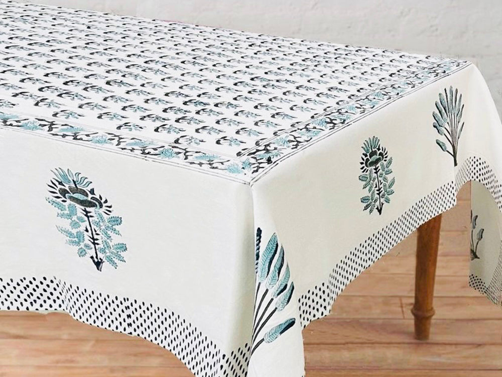 Teal White 8 seater Tablecloth