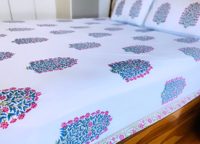 Blue & Pink Floral Boota King Bedsheet set