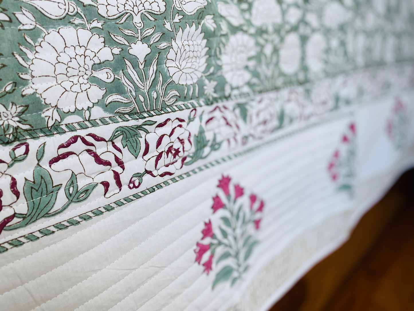 Sage Green Lotus Boota Quilted Bedcover