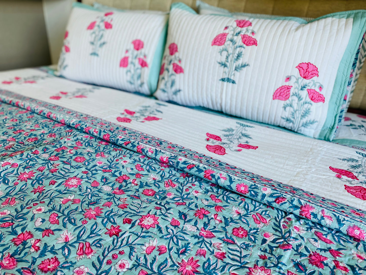 Pink & Grey Floral Quilted Bedcover
