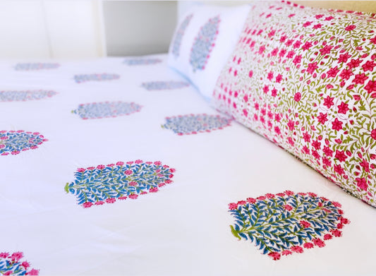 Blue & Pink Floral Boota King Bedsheet set
