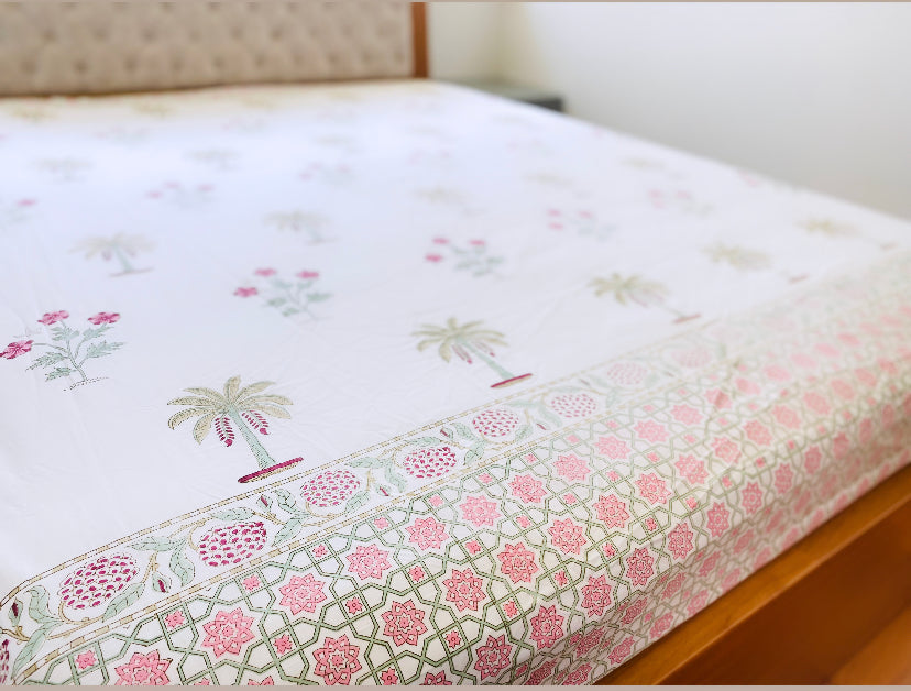 Red Floral motifs Green Palm Queen Bedsheet set