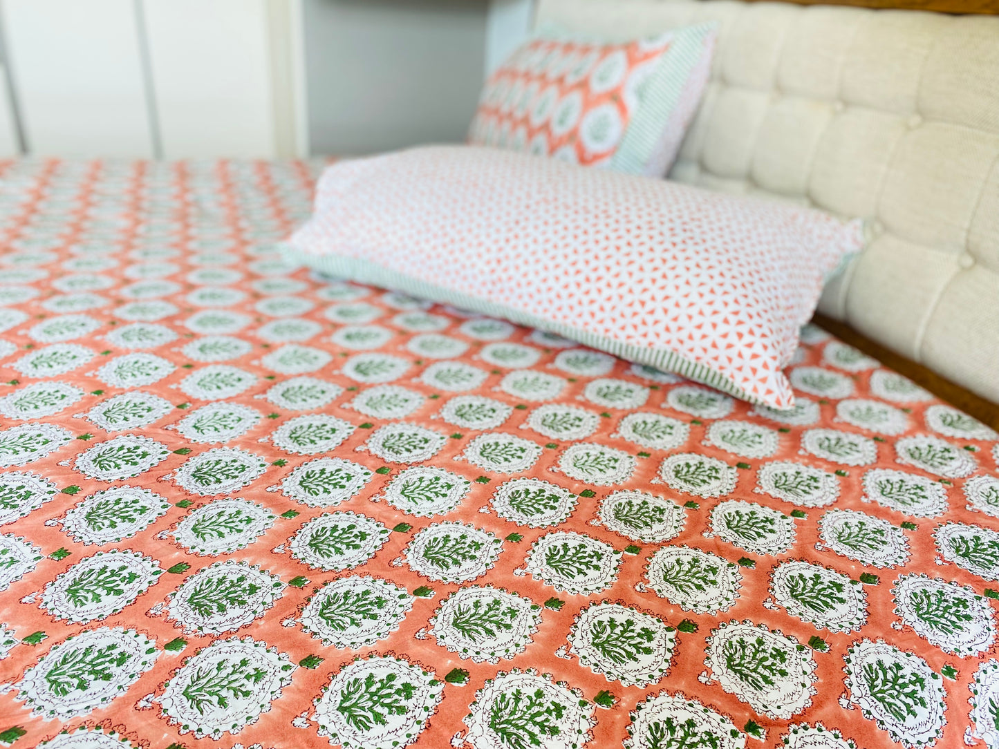 Brick Red & Green Motifs King Bedsheet set