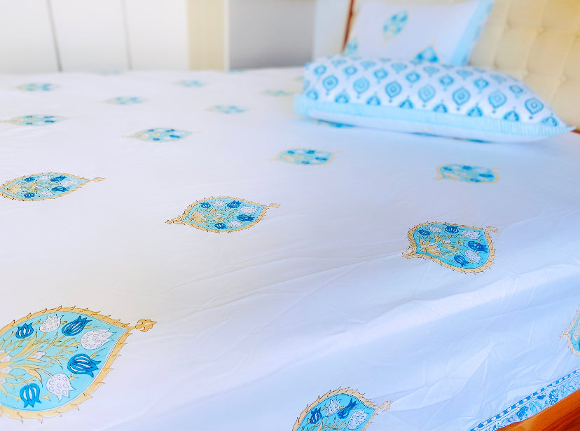 Turquoise Blue Mughal Motifs King Bedsheet set
