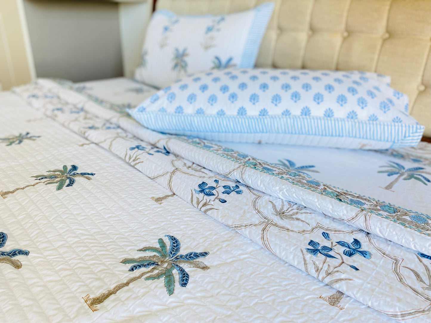 Blue Palms Quilted Bedcover