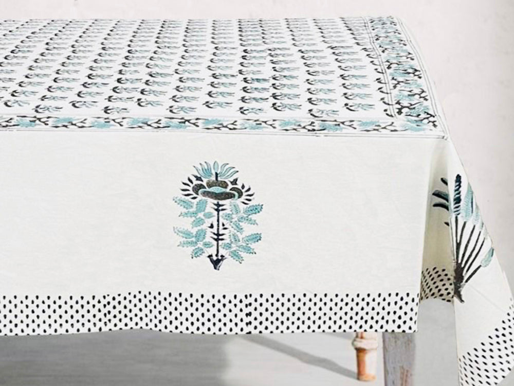 Teal White 8 seater Tablecloth